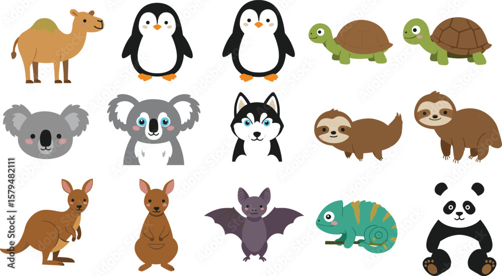 Obraz premium Cute animals cad drawing flat vector illustration, cartoon-style wild creatures in rows, front view sketch layout for educational use