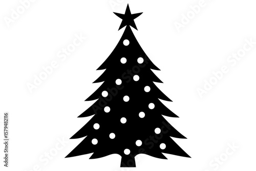 Christmas tree decorated with star topper silhouette vector illustration