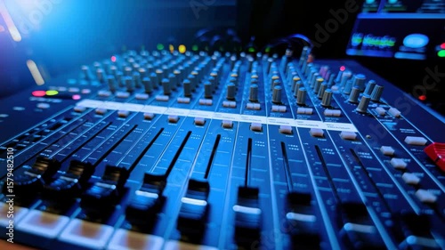 A detailed look at a professional audio mixing setup highlighting a sophisticated soundboard with various controls. This setup exemplifies high-quality sound production in a studio environment