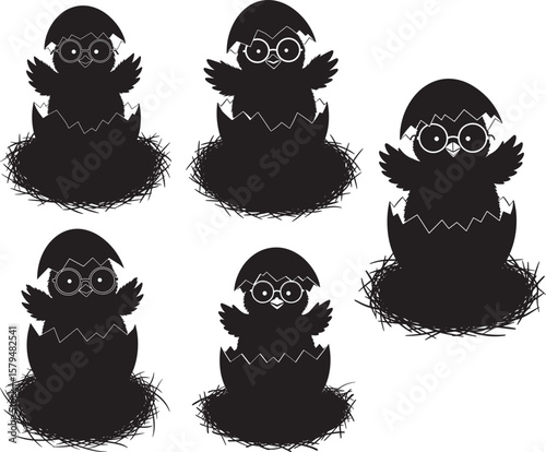 Chicks Wearing Glasses Hatching From Eggs silhouette