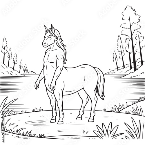 A black and white line drawing of a centaur standing near a lake with trees in the background scene art on transparent background