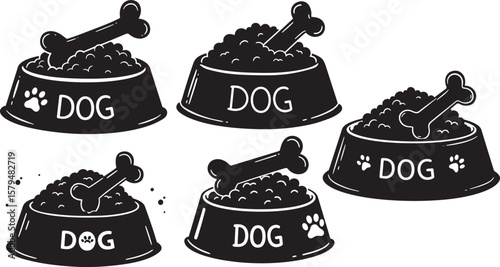 Pet Food Bowls With Dog Bones Cartoon silhouette