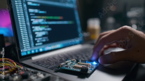 Technician Flashing Firmware on Embedded Board with Command Lines on Laptop