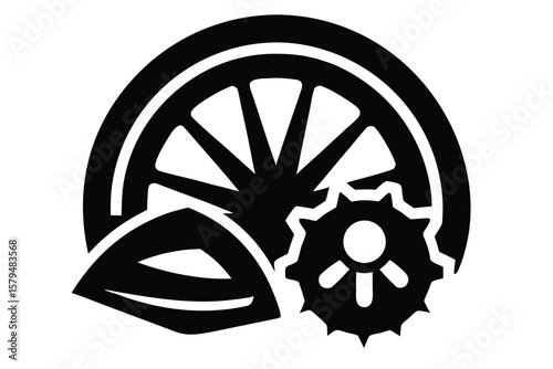 Stylized black and white graphic of a citrus fruit slice with a gear