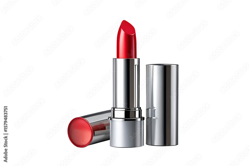 Obraz premium A close up of red lipstick with silver casing and cap on a white background