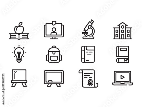 Education Icon Set: A curated collection of simple line icons symbolizing various aspects of education, perfect for representing learning, knowledge, and academic themes.