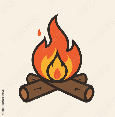 Campfire with flames and logs in minimal flat design style  