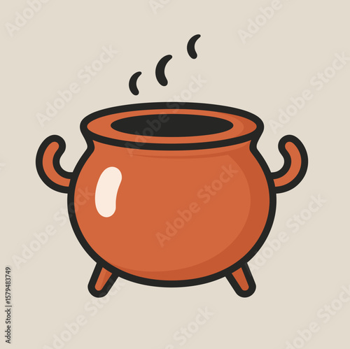 Cartoon cauldron with steam on light background  