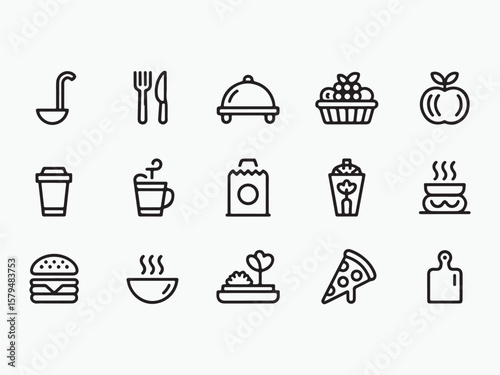  Culinary Delight: A graphic vector illustration of various food items, presented in a clean, minimalist, and outlined style.