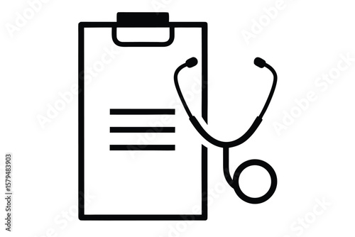 Black and white icon of a medical clipboard with a stethoscope on a white background