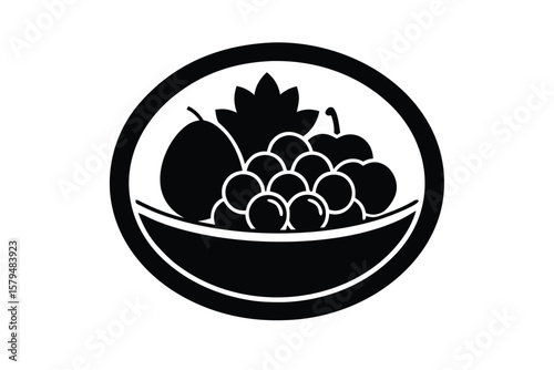 Stylized black and white icon of a fruit bowl with grapes and a leaf