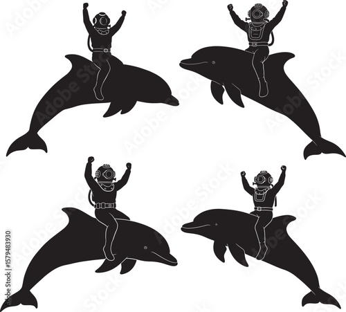 Diver Riding Big Dolphin Cartoon silhouette