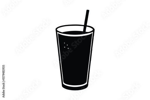 Simple black silhouette of a tall glass filled with a dark beverage and a straw