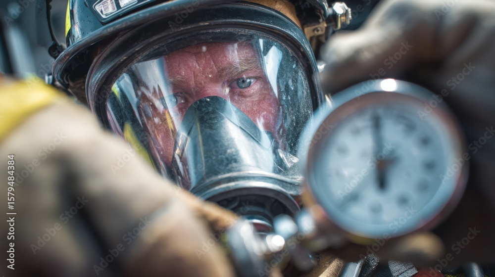 Fototapeta premium First-person View of Firefighter Checking Air Tank Pressure Gauge