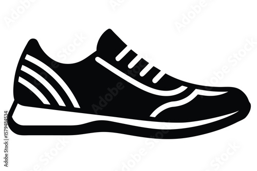 Simple black and white icon of a modern athletic running shoe