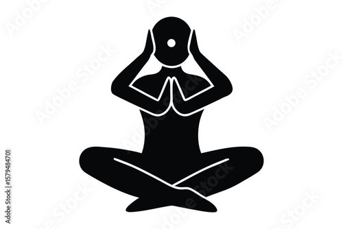 Stylized black silhouette of a person meditating with hands covering ears and eyes