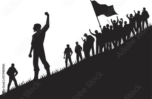 Silhouettes of people marching up a grassy hill with a flag crowd group