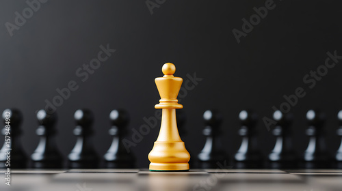 Golden chess queen stands out among black pawns, symbolizing leadership and strategy on a chessboard. A powerful image.