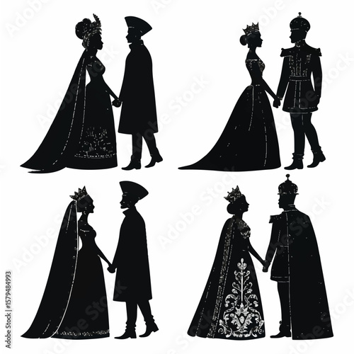 Royal Couple Silhouettes: King & Queen Fairy Tale Romance Vector Set