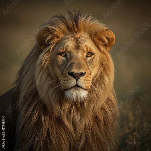 A African lion with golden fur glows in soft  warm light and positioned in a serene  natural setting  perhaps a savannah or grassland