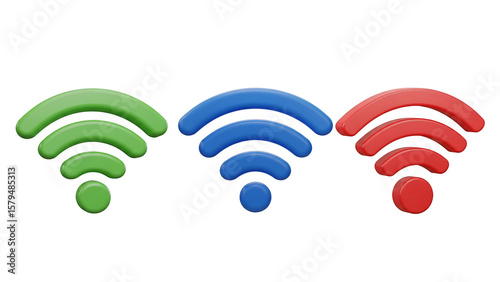 Three colorful 3d wi fi signal icons in green blue and red isolated on transparent background
