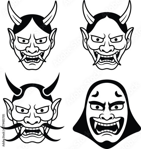 Vector set of funny skulls and faces cartoon illustration with smiling characters and expressions