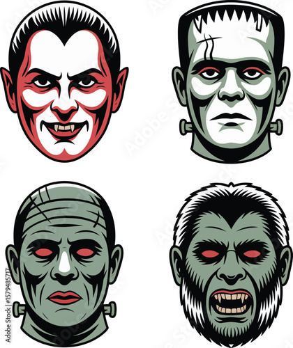 Set of funny cartoon faces and characters with masks for carnival theater and masquerade costume illustration