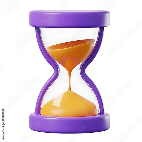 Modern 3d hourglass with purple frame and flowing orange sand isolated on transparent background