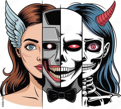 Girl in Mask with Tattoo and Halloween Horror Elements