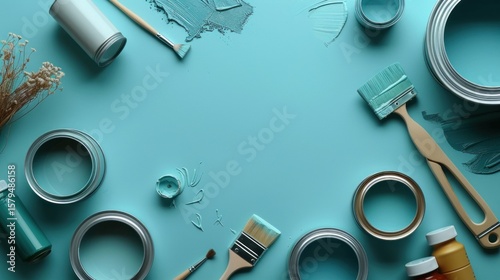 Paint supplies arranged on a teal surface