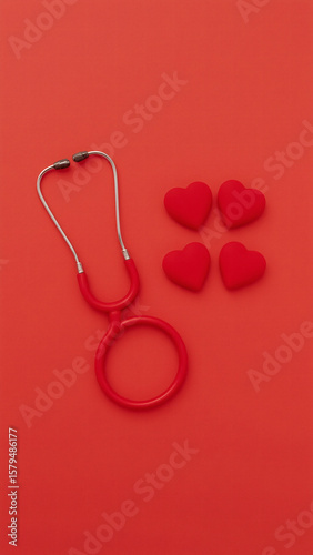 A vibrant red stethoscope paired with small heart shapes, symbolizing healthcare, love, and the importance of heart health