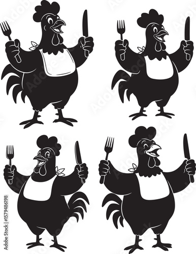 Hungry Chicken Holding Knife And Fork Cartoon silhouette
