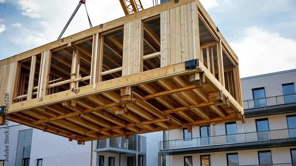 Modular Wooden House Construction: Crane Lifting Prefabricated Structure