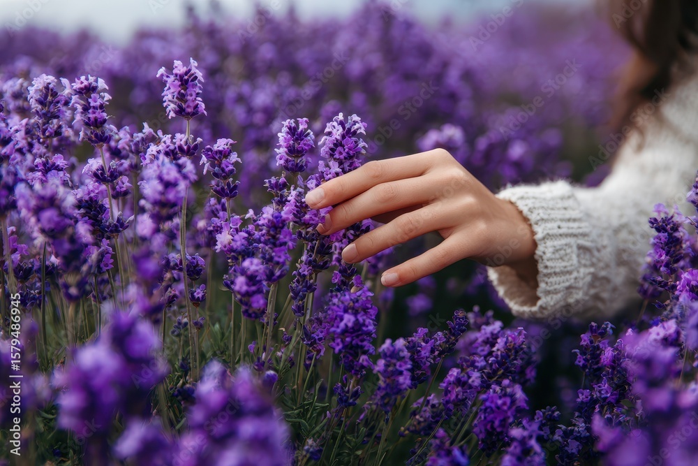 Girl Embracing Nature: Touching Lavandula Blooms in a Field of Purple Serenity Girl Embracing Nature: Touching Lavandula Blooms in a Field of Purple Serenity