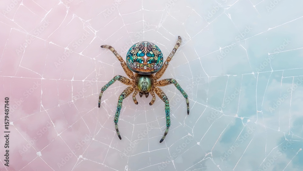 Fototapeta premium Dazzling Arachnid with Intricate Web Design Captures Attention with Its Unique Beauty