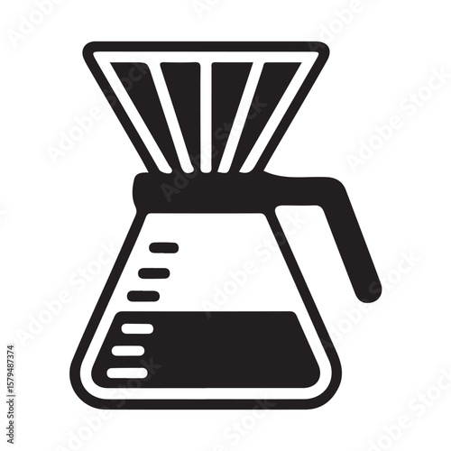 Black and White Icon of Pour Over Coffee Maker with Coffee Inside and Measuring Lines