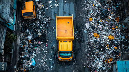 Aerial View of a Yellow Dump Truck Amidst Piles of Urban Waste