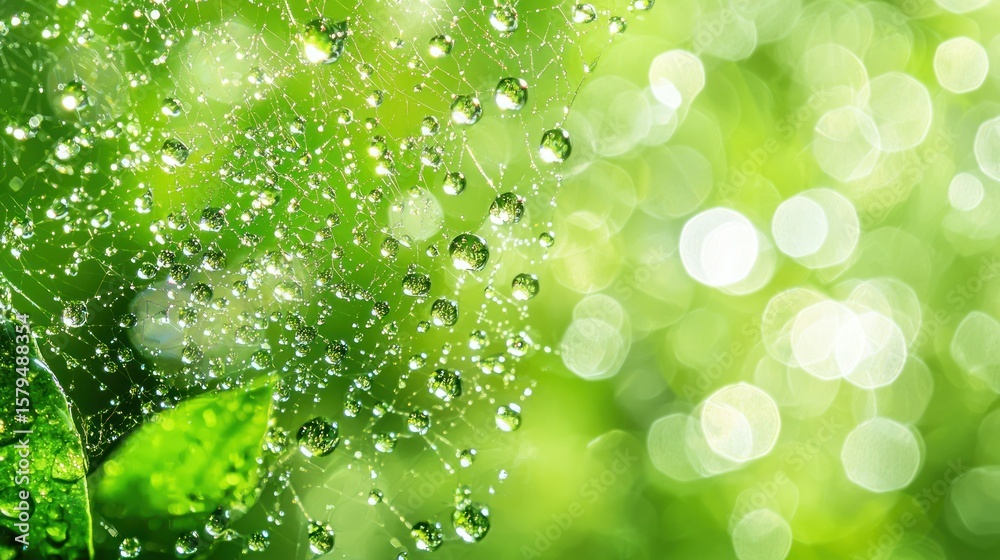 Fototapeta premium Dew-kissed spiderweb on vibrant foliage