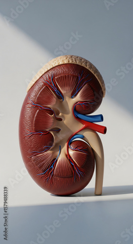 A detailed 3D model of the human kidney, showcasing its realistic texture and anatomical structure with visible blood vessels against a neutral background