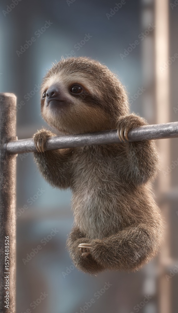 Naklejka premium Adorable Sloth Attempting Pull-Ups on Gym Bar in Photorealistic Image