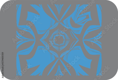 Abstract symmetrical blue floral pattern with curved lines and sharp edges on a rounded gray background creating a modern decorative design