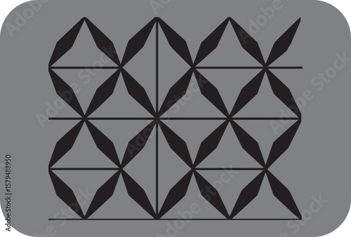 Geometric pattern of interlocking black diamond shapes and intersecting lines on a gray background with rounded corners creating a modern abstract design