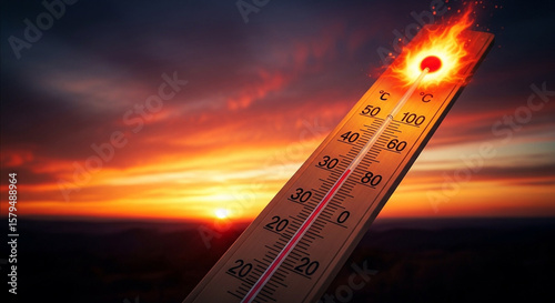 A thermometer shows an extremely high temperature with flames, symbolizing intense heat and global warming against a fiery sunset backdrop