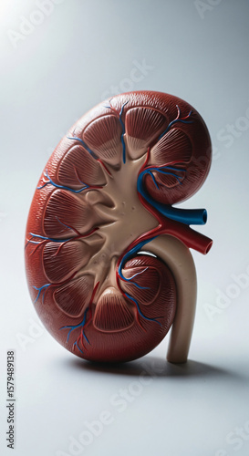 A detailed 3D model of the human kidney, showcasing its realistic texture and anatomical structure with visible blood vessels against a neutral background