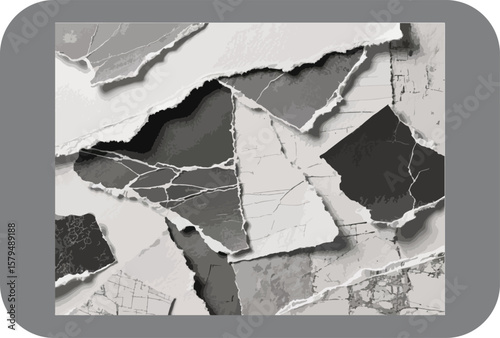 Abstract grayscale composition featuring torn paper fragments with rough edges and visible cracks resembling a shattered stone or marble surface