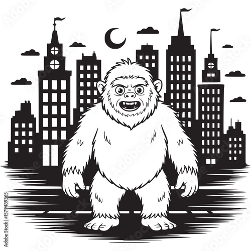 Cartoon yeti standing in front of a city skyline with a crescent moon in the night sky above buildings on transparent background