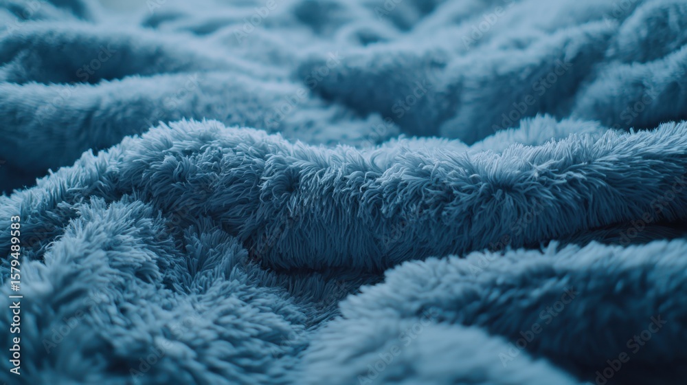 Fototapeta premium Soft blue blanket draped on a cozy bed creating a warm atmosphere in a relaxing space