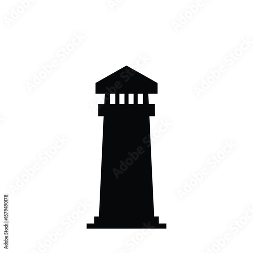 Black silhouette of a tower with a peaked roof white