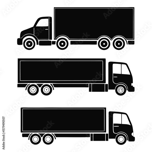 Three black silhouette trucks white transportation