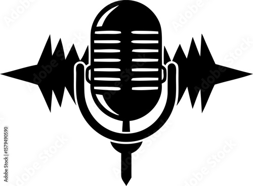 Vintage Microphone Vector Icon – Black Silhouette of Broadcast Mic with Sound Waves for Audio, Podcast, Music, and Radio Graphics
